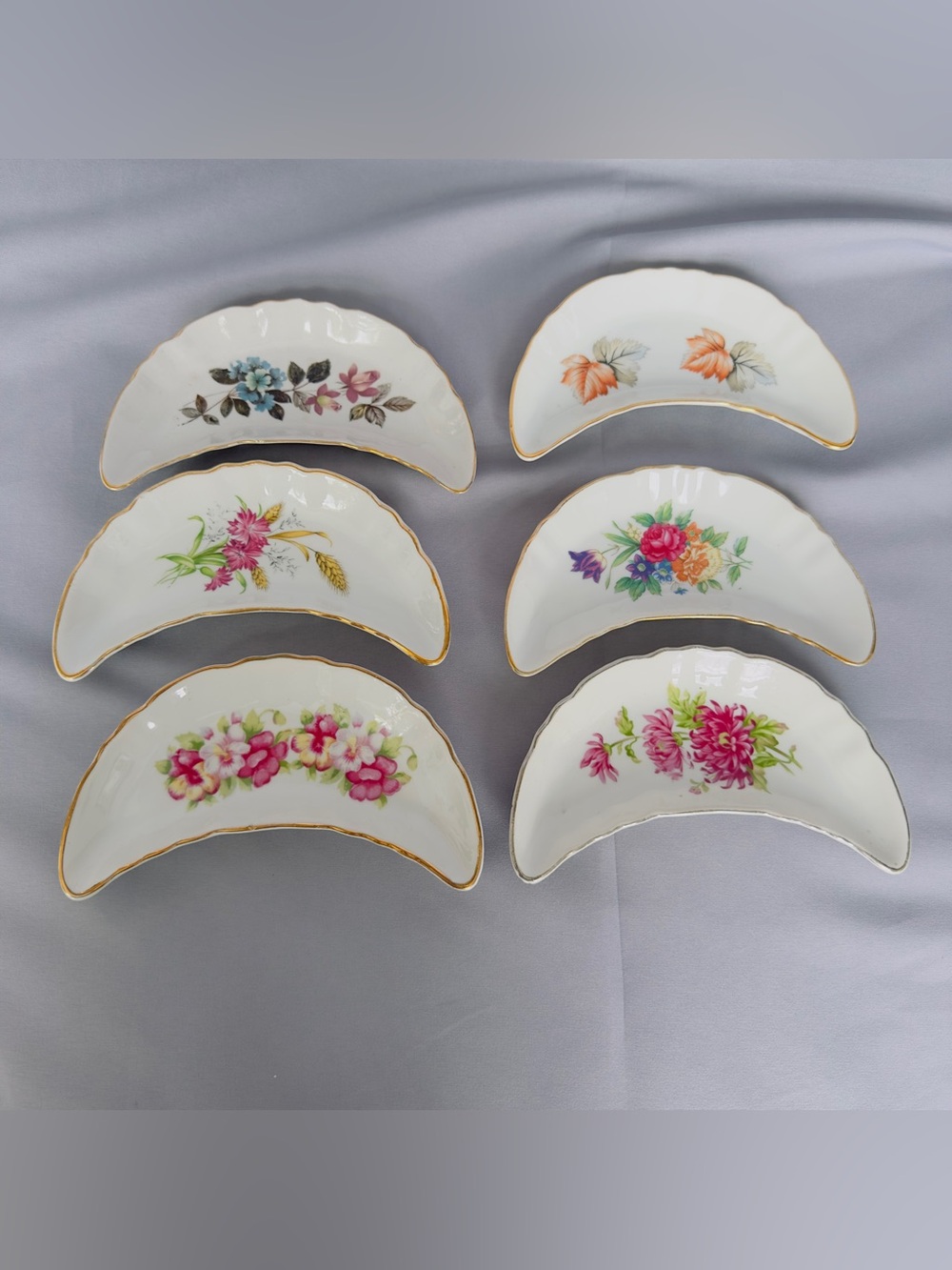 Vintage Chadwick Floral Crescent Bone China Dishes with Gold Trim - Set of 6